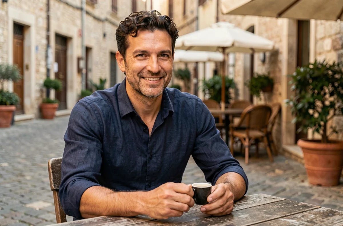 Homme charismatique au café en terrasse européenne, évoquant les traits de personnalité uniques du signe Cancer né le 4 juillet