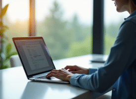 Personne travaillant sur un bureau lumineux avec un laptop webmail