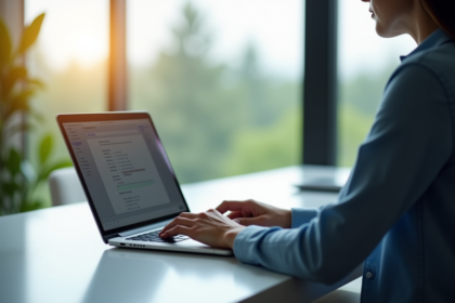 Personne travaillant sur un bureau lumineux avec un laptop webmail