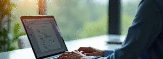 Personne travaillant sur un bureau lumineux avec un laptop webmail