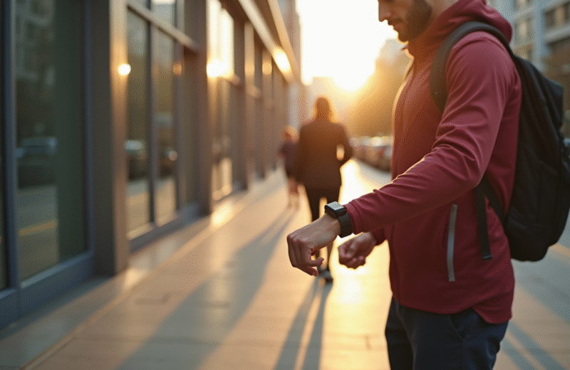 Personne active vérifiant un tracker fitness en marchant