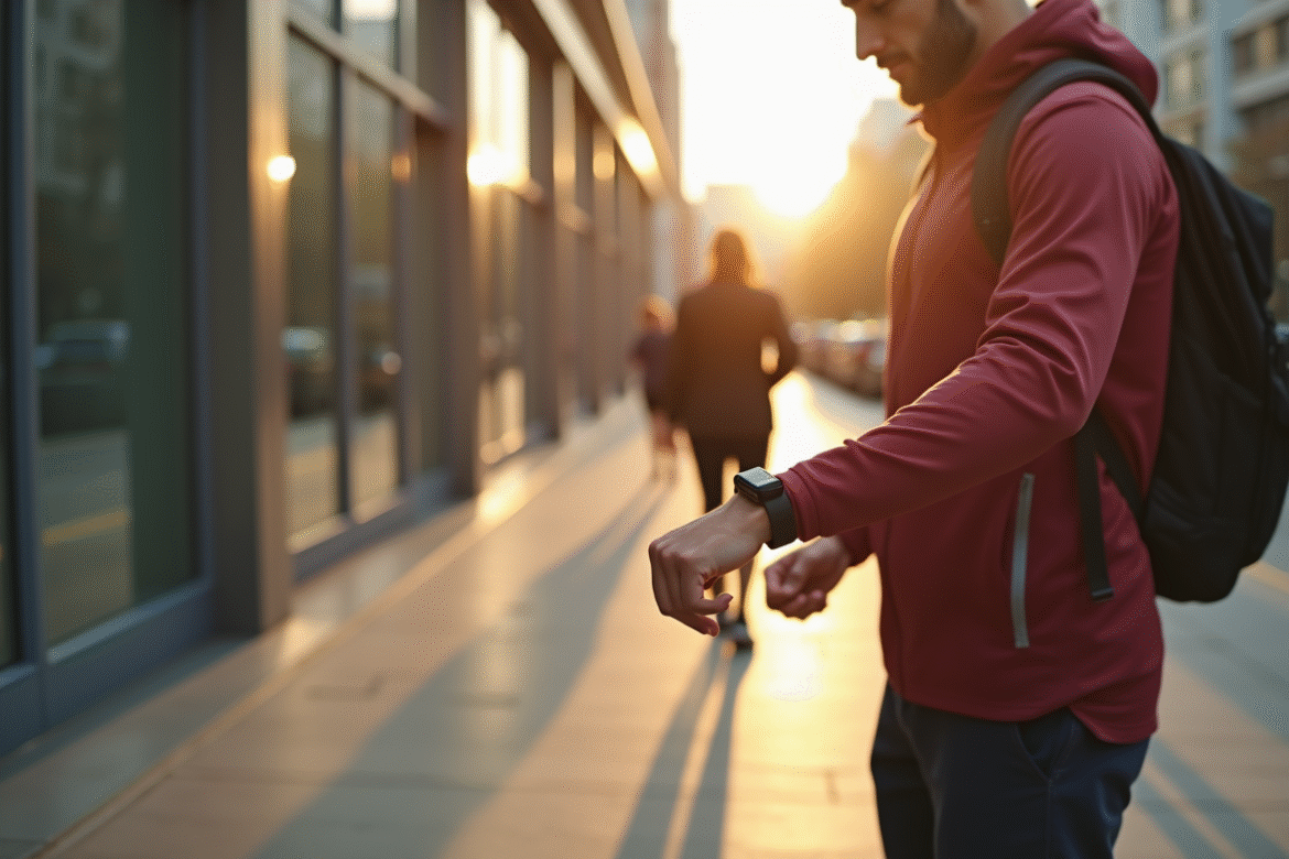 Personne active vérifiant un tracker fitness en marchant
