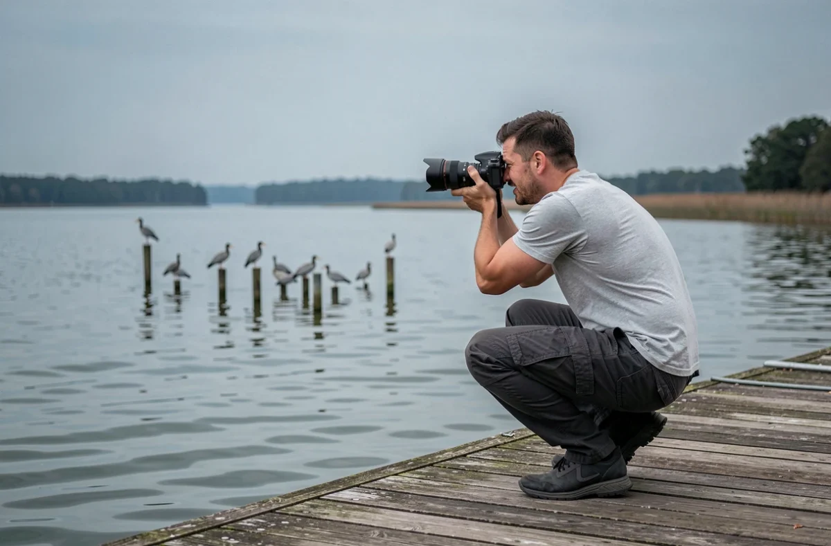 Photographe accroupi sur un ponton photographiant des oiseaux au loin avec un compact zoom puissant au bord d'un lac