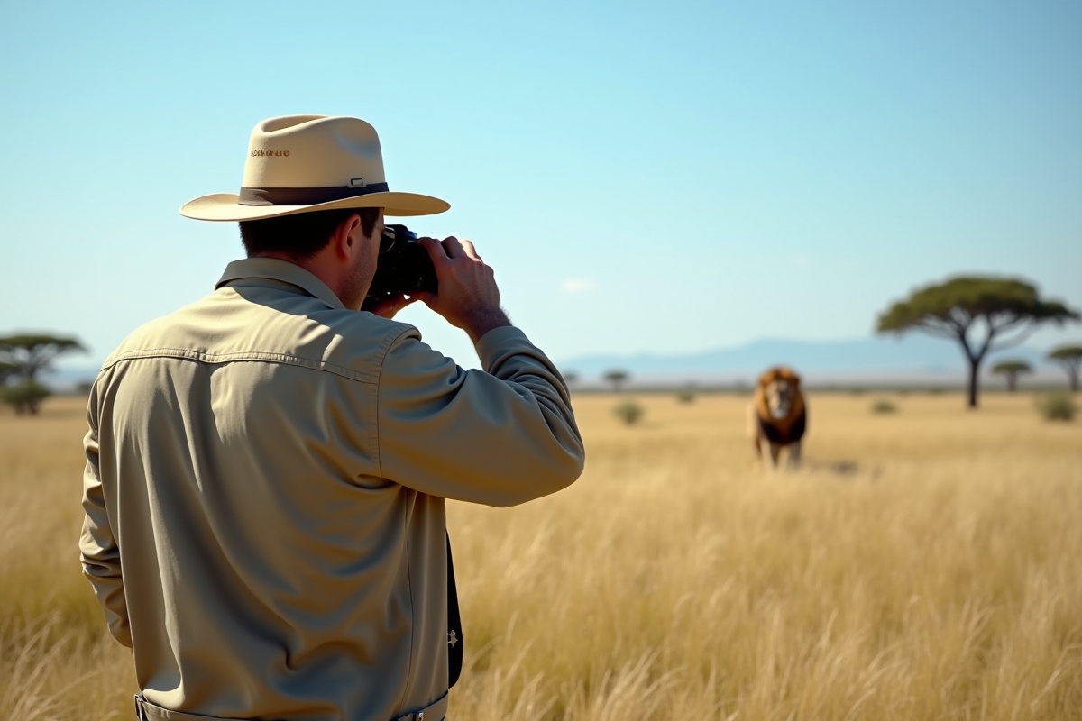 Photographe observant un lion au loin dans la savane