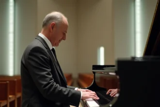 Pianiste en costume sombre jouant dans une chapelle de crématorium lors de funérailles