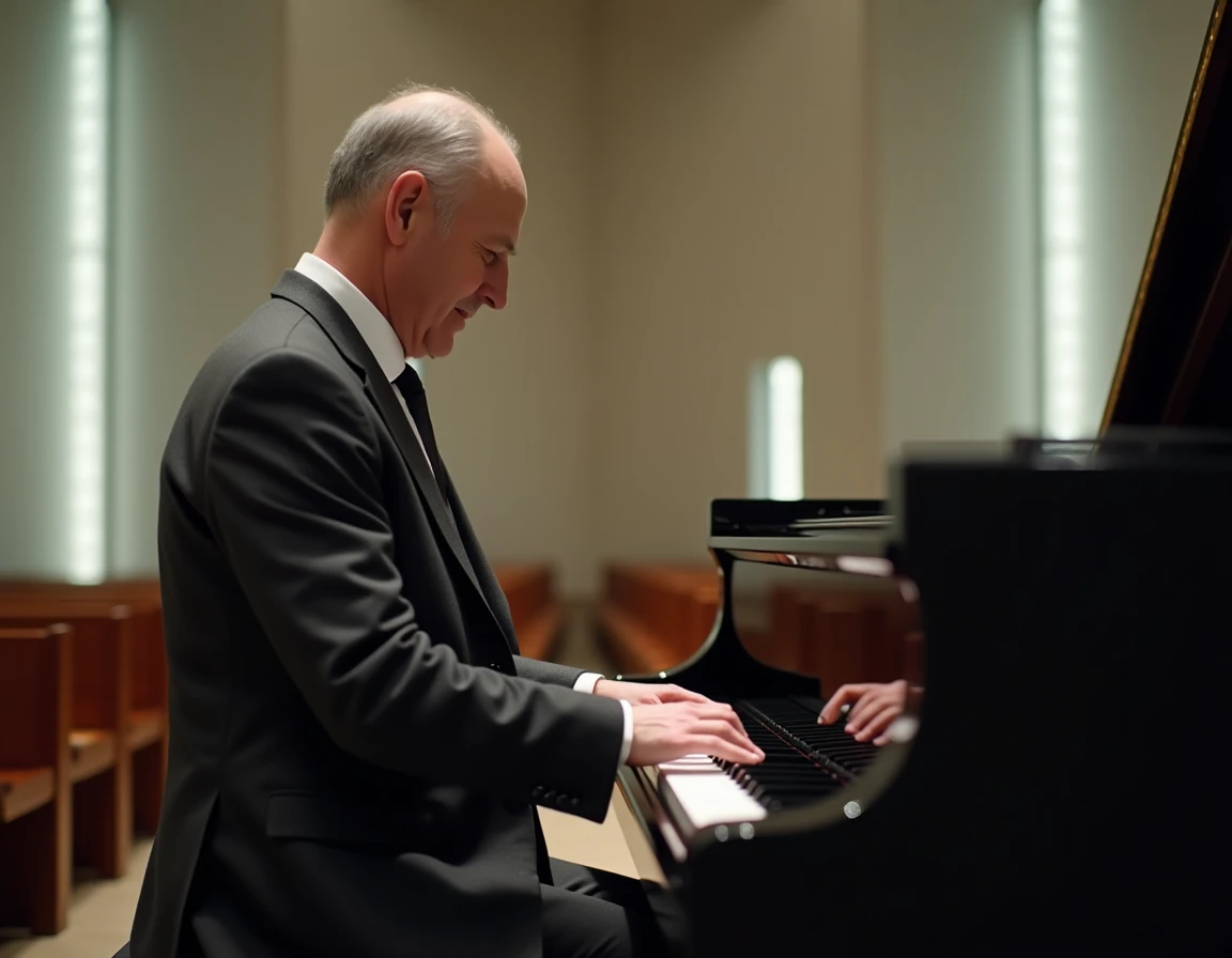 Pianiste en costume sombre jouant dans une chapelle de crématorium lors de funérailles