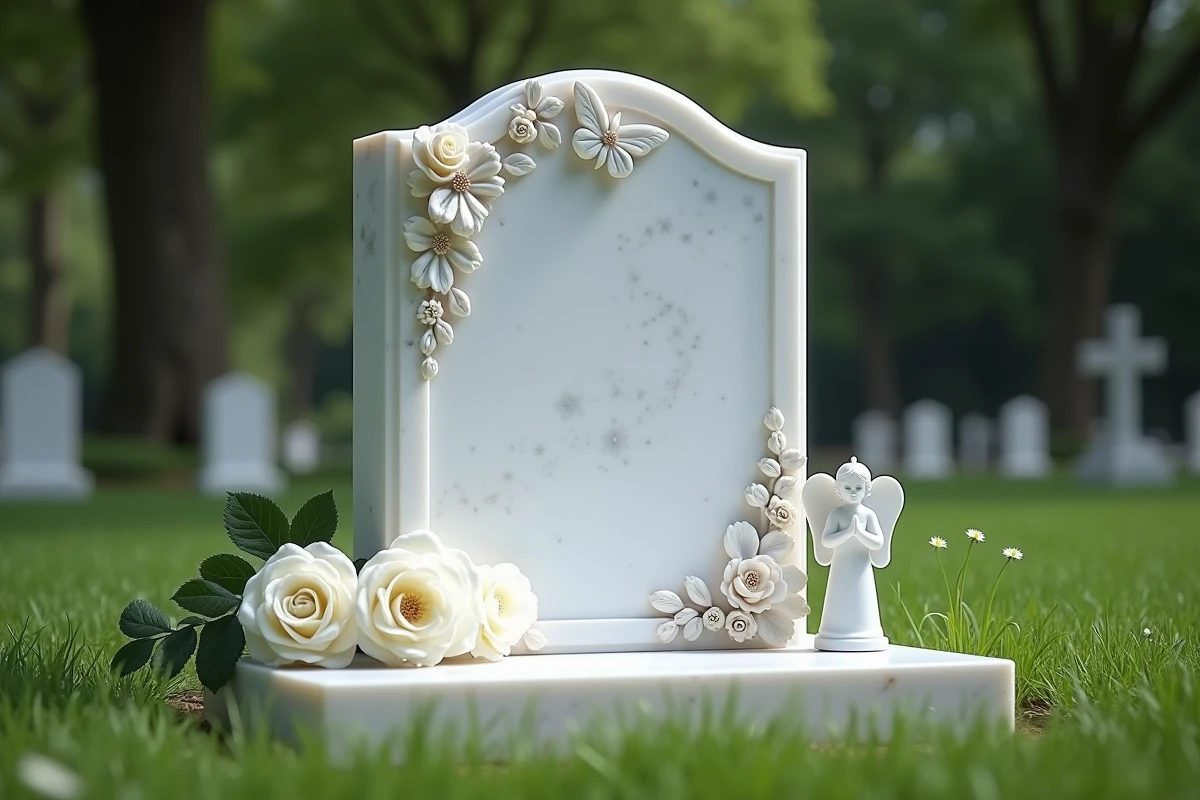 Pierre tombale blanche en marbre pour enfant décorée d'un papillon et de fleurs sculptées dans un jardin de cimetière paisible