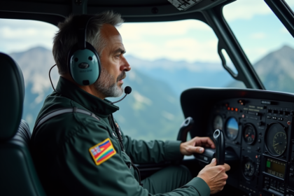 Pilote d'hélicoptère en cockpit avec montagnes en arrière-plan