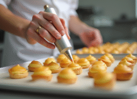 Chef piping choux pastry dans une cuisine lumineuse
