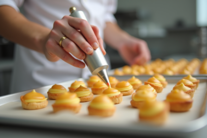 Chef piping choux pastry dans une cuisine lumineuse