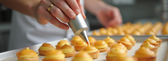 Chef piping choux pastry dans une cuisine lumineuse