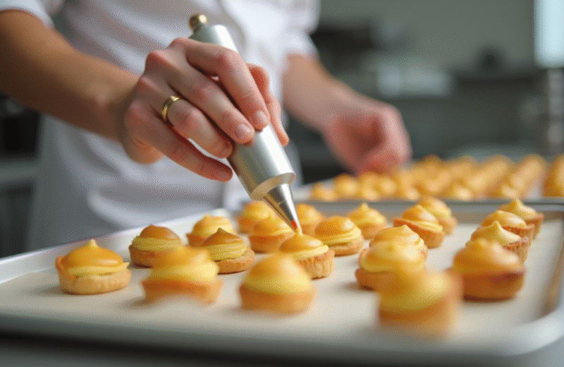 Chef piping choux pastry dans une cuisine lumineuse