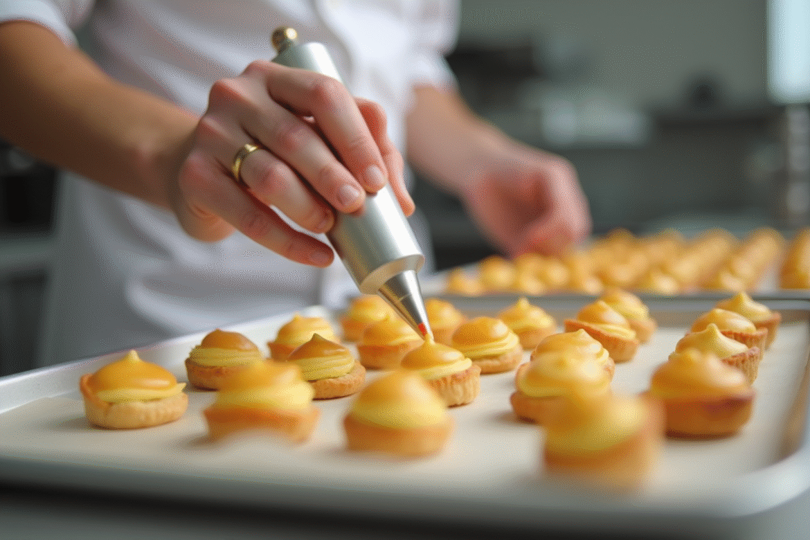 Chef piping choux pastry dans une cuisine lumineuse
