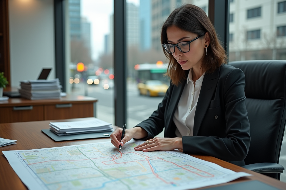 Femme planificatrice de transports analysant une carte dans un bureau