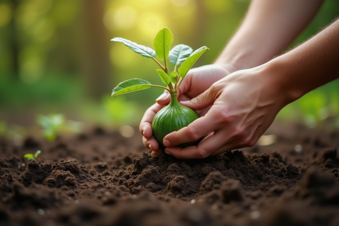 Mains plantant un jeune figuier dans un sol humide