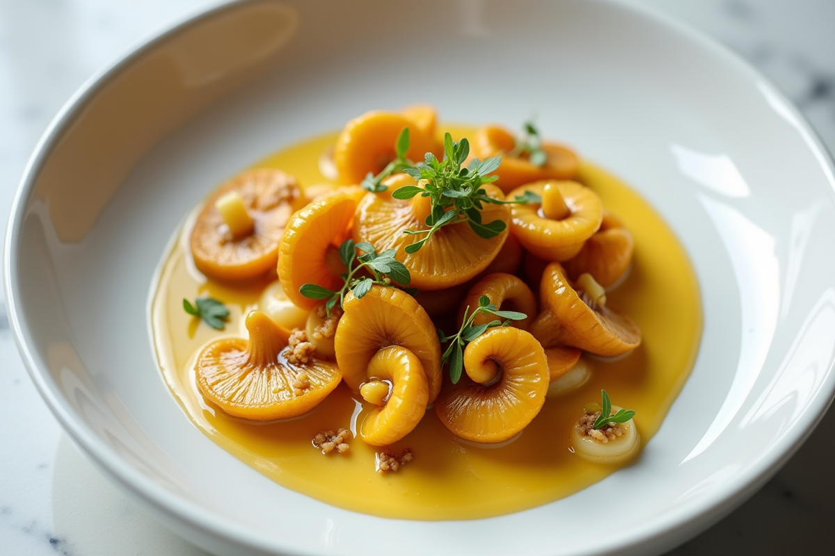 Assiette de champignons chanterelles sautés présentée élégamment