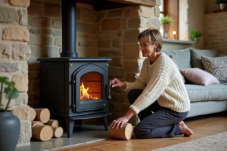 Femme d'âge mûr en pull épais ajustant un poêle à bois en fonte dans un salon de maison ancienne rénovée mêlant pierre, bois et mobilier contemporain