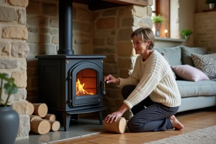 Femme d'âge mûr en pull épais ajustant un poêle à bois en fonte dans un salon de maison ancienne rénovée mêlant pierre, bois et mobilier contemporain