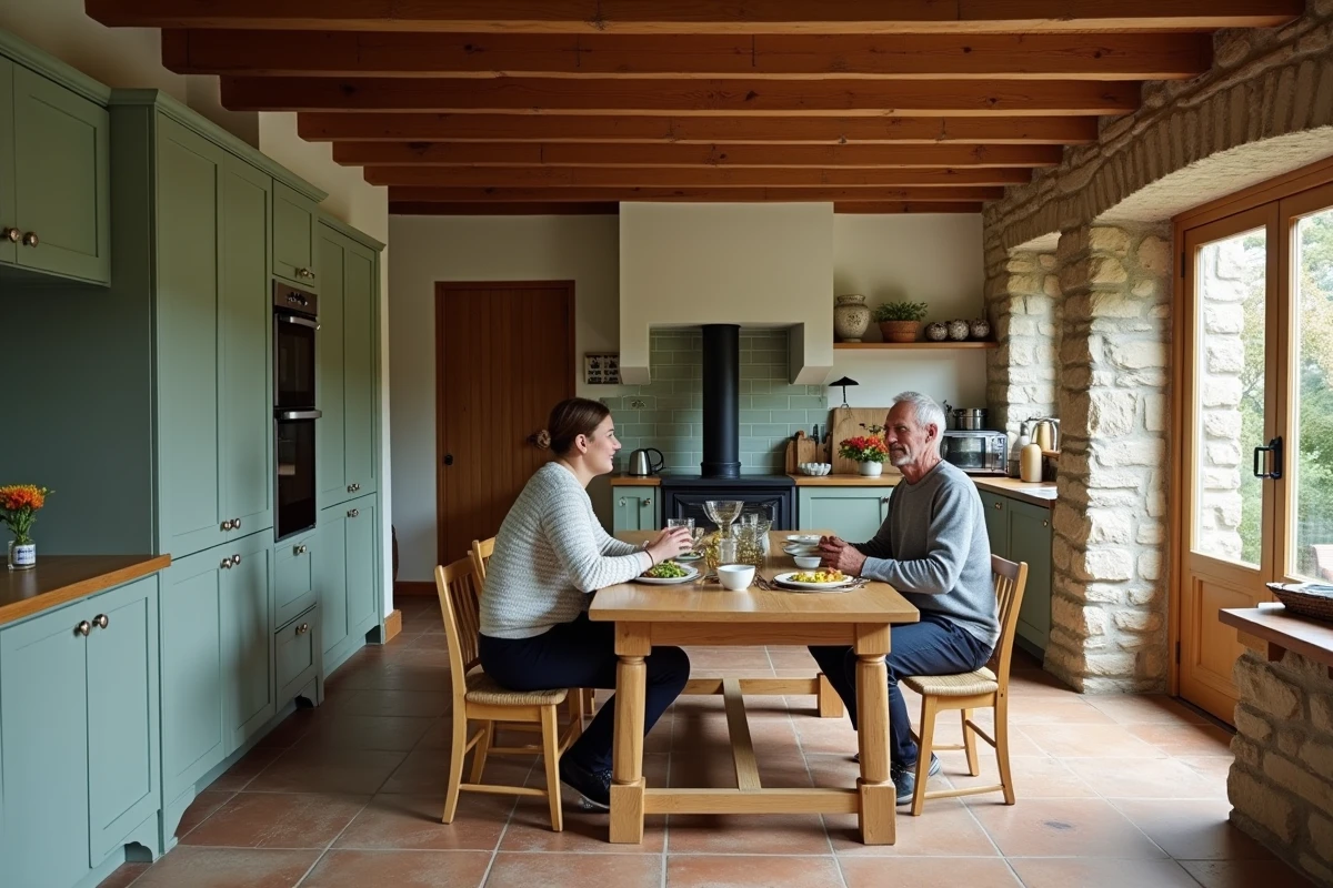 Couple attablé dans une cuisine-salle à manger de maison ancienne rénovée chauffée par un poêle en stéatite, alliant poutres apparentes, carrelage ancien et cuisine moderne