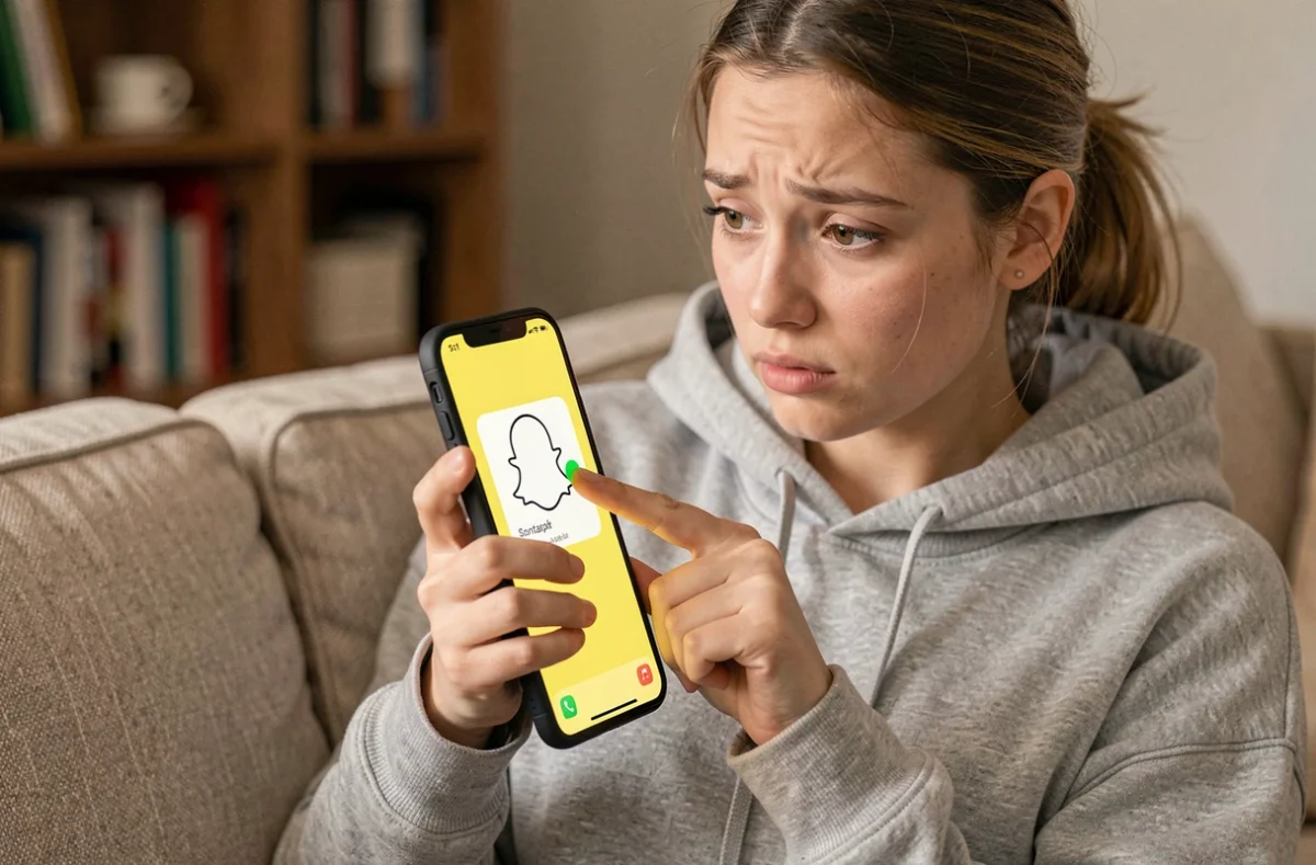 Jeune femme tenant un smartphone avec l'application Snapchat ouverte montrant un point vert sur un profil