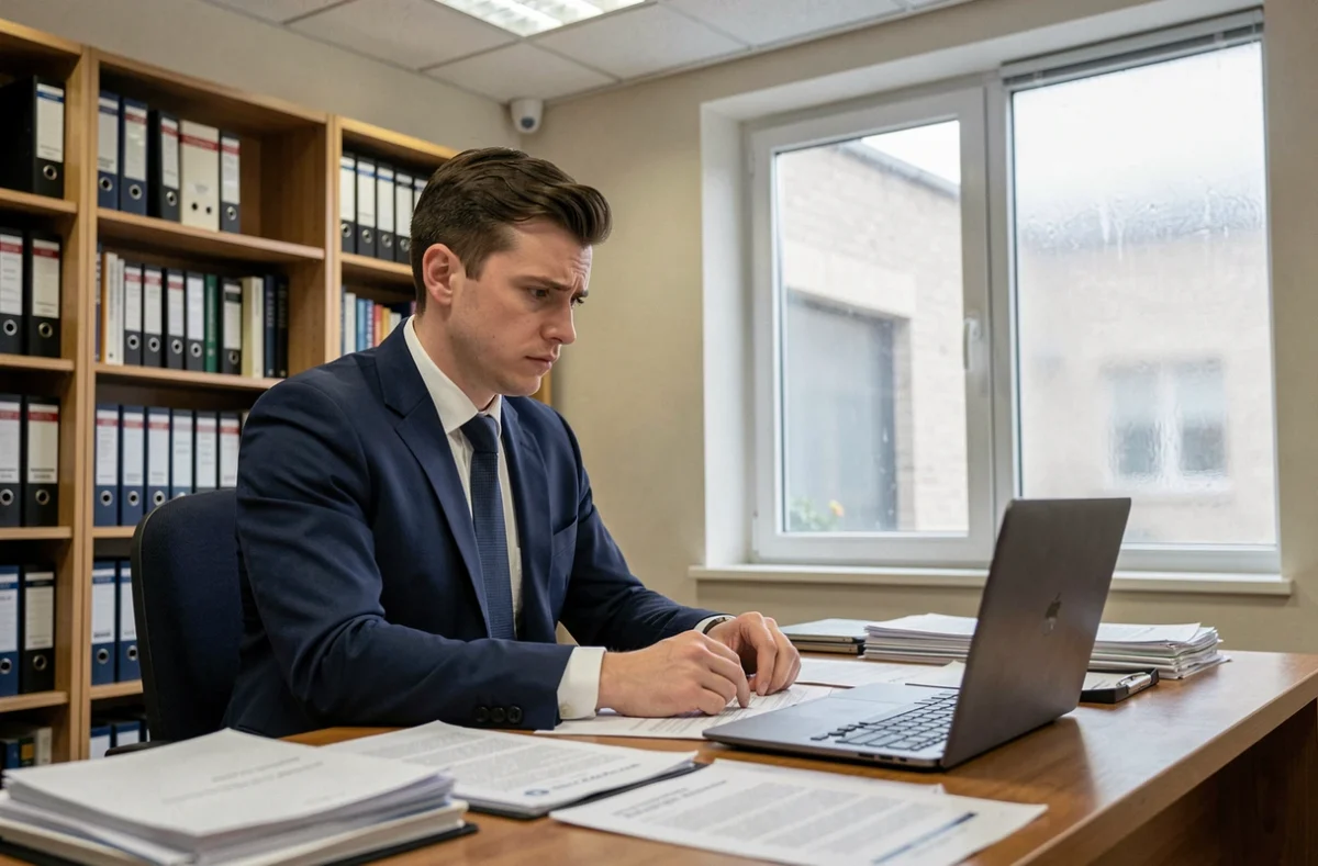 Jeune homme politique assis seul dans son bureau parlementaire, concentré sur des documents officiels loin des réseaux sociaux