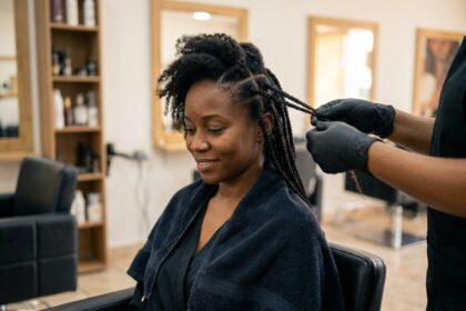 Femme noire se faisant poser des tresses box braids dans un salon de coiffure professionnel