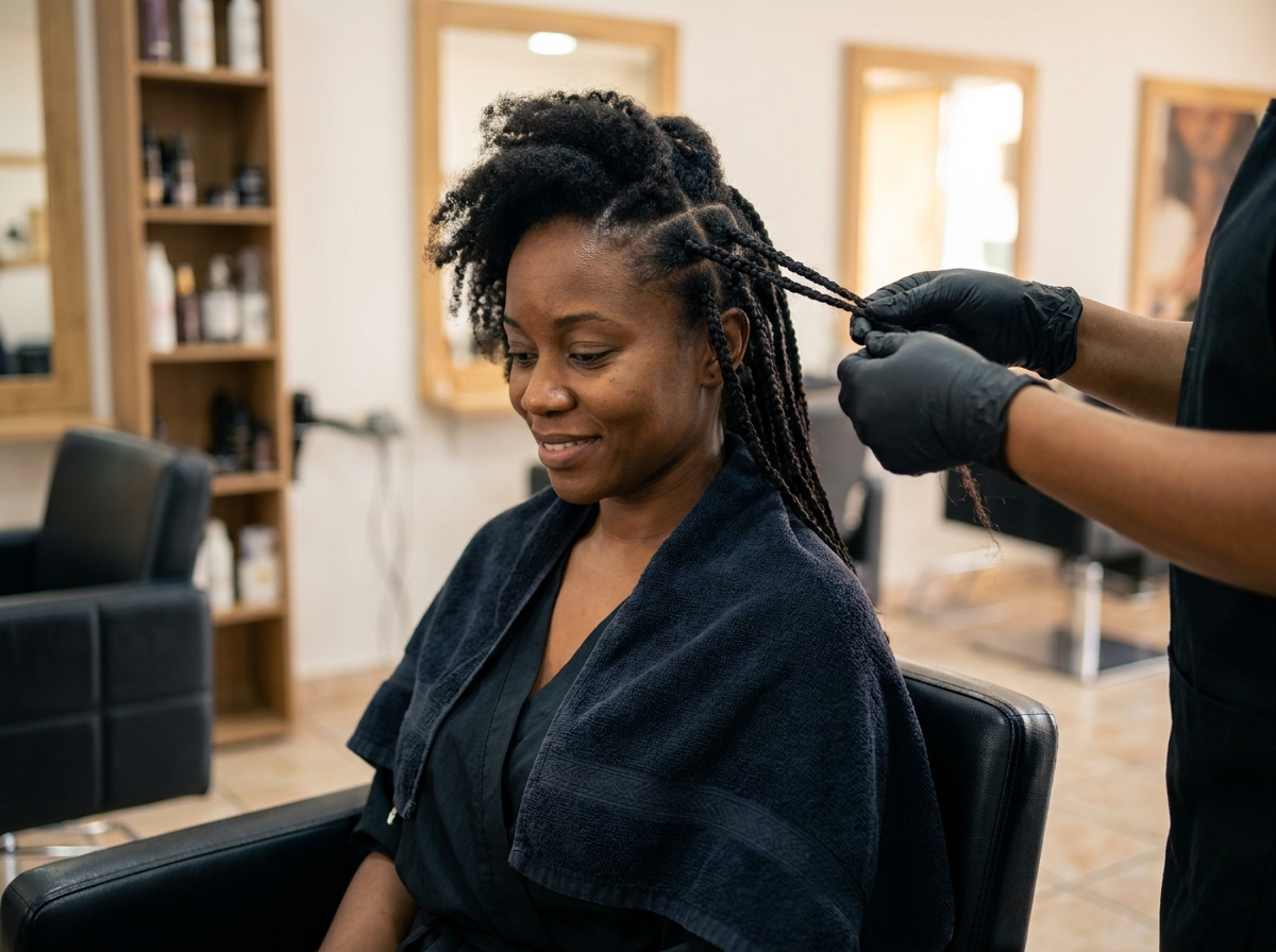 Femme noire se faisant poser des tresses box braids dans un salon de coiffure professionnel
