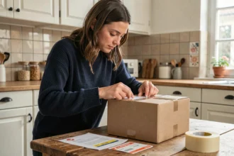 Femme préparant un colis de retour La Poste avec étiquette d'expédition sur une table en bois dans une cuisine française