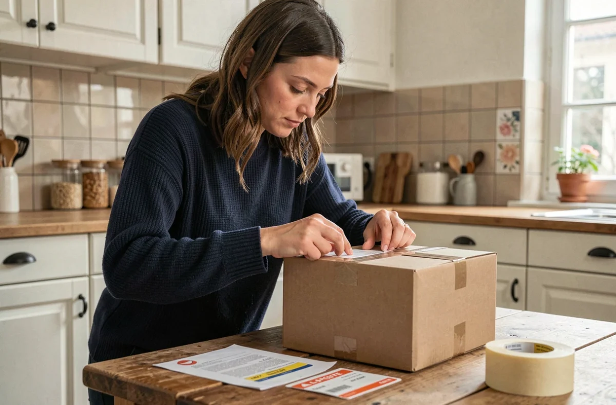 Femme préparant un colis de retour La Poste avec étiquette d'expédition sur une table en bois dans une cuisine française