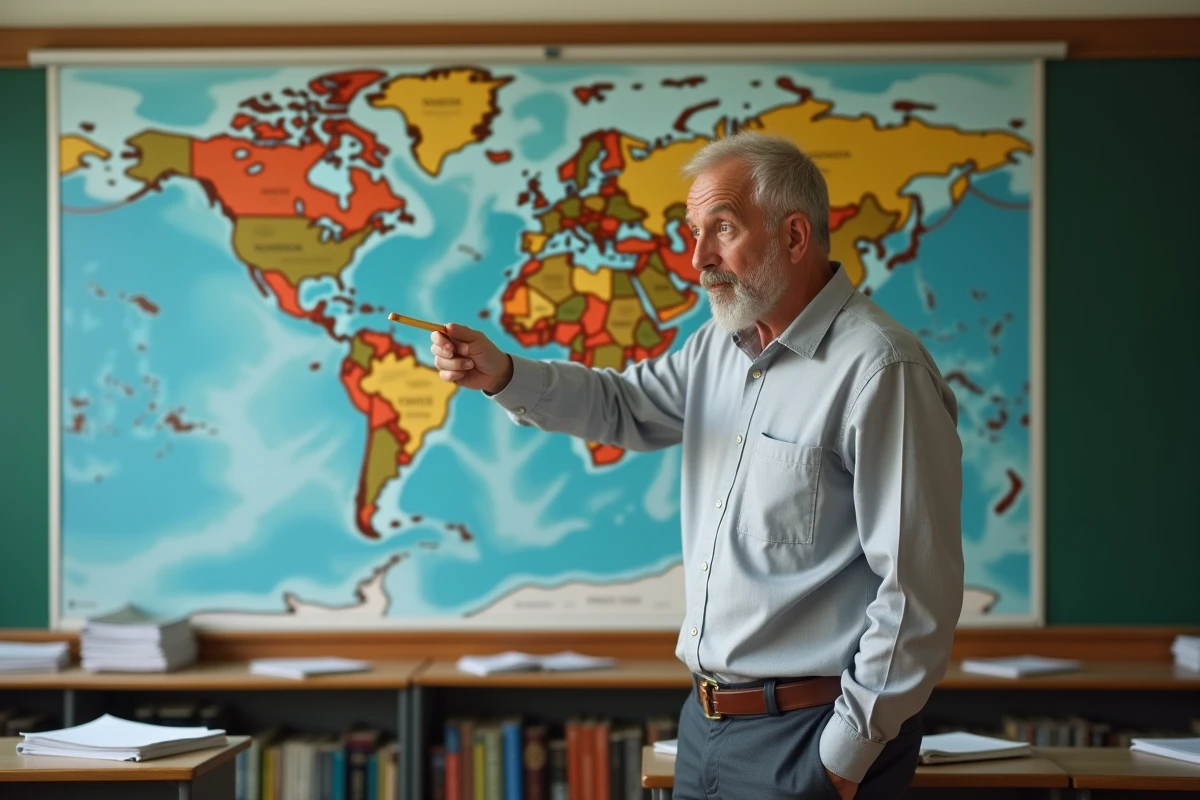 Professeur de géographie pointant les pays d'Amérique du Sud sur une carte murale dans une salle de classe, pour illustrer les différences de superficie entre les nations