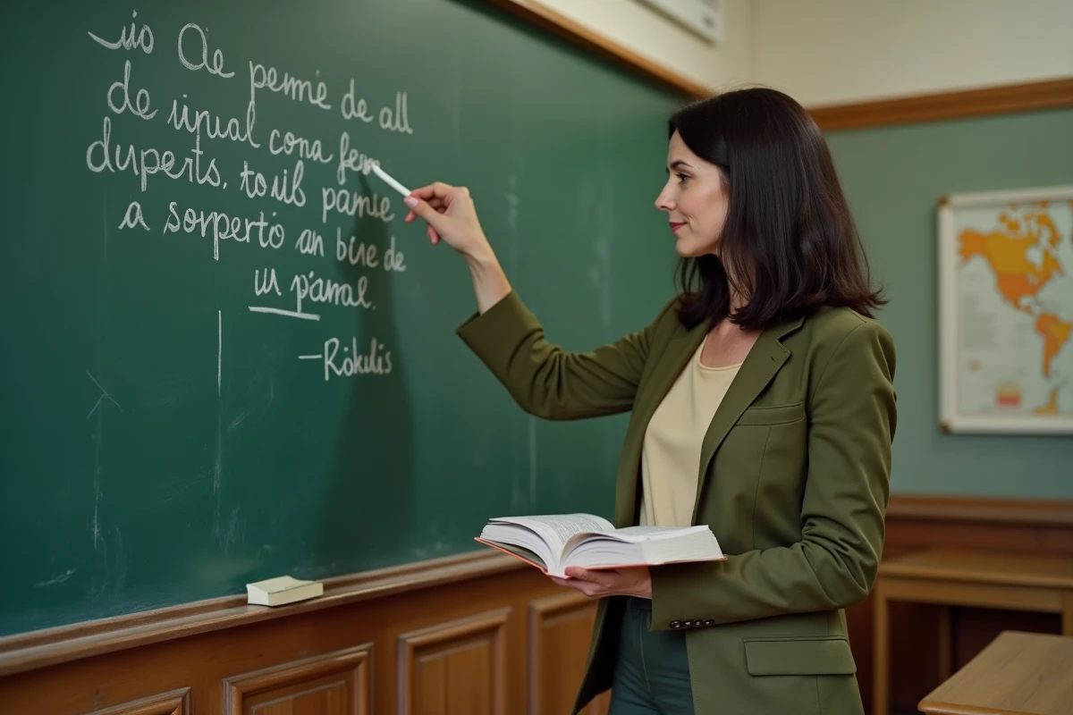 Professeure de français expliquant comment citer Arthur Rimbaud au baccalauréat devant un tableau de classe avec un extrait de poème manuscrit