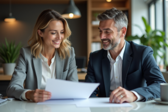 Deux adultes en réunion dans un bureau moderne
