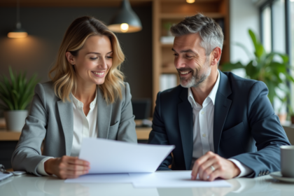 Deux adultes en réunion dans un bureau moderne