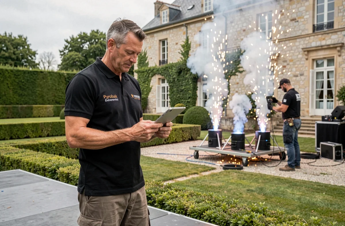 Responsable de Pyrobak Événementiel supervisant l'installation de machines à étincelles froides sur un domaine privé de l'Oise