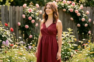 Femme confiante et charismatique dans un jardin fleuri d'été, illustrant les qualités inoubliables du signe astrologique du 4 juillet Cancer