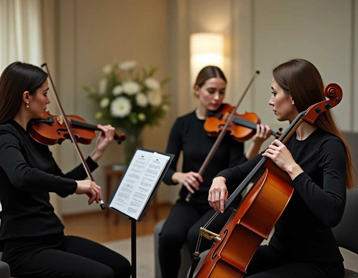 Quatuor à cordes féminin jouant de la musique lors d'une cérémonie funèbre au crématorium