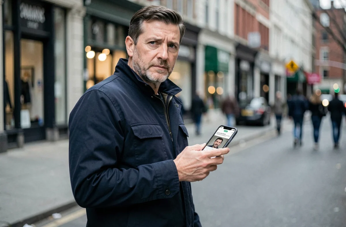 Homme utilisant une recherche inversée d'image sur smartphone dans la rue
