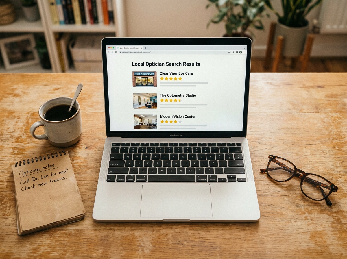 Vue de dessus d'un bureau avec un ordinateur affichant des résultats de recherche locale pour un opticien et des lunettes