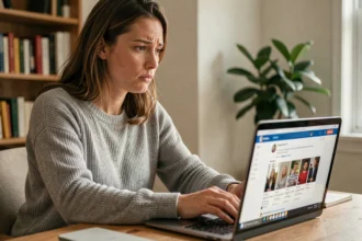Femme cherchant une personne à partir d'une photo sur un ordinateur portable