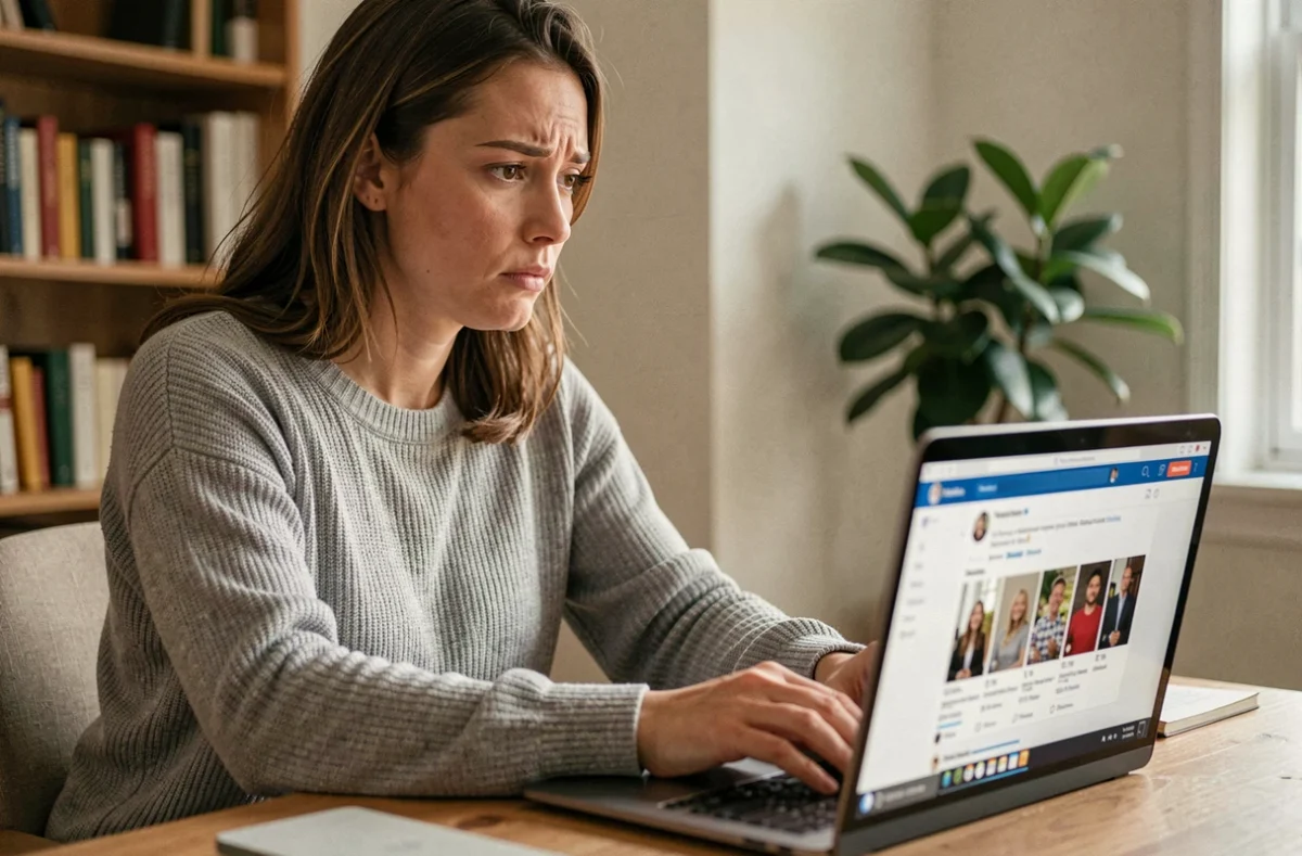 Femme cherchant une personne à partir d'une photo sur un ordinateur portable