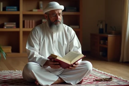 Homme récitant le Coran sur un tapis de prière, illustrant la récitation des versets Baqara et Ayat al-Kursi