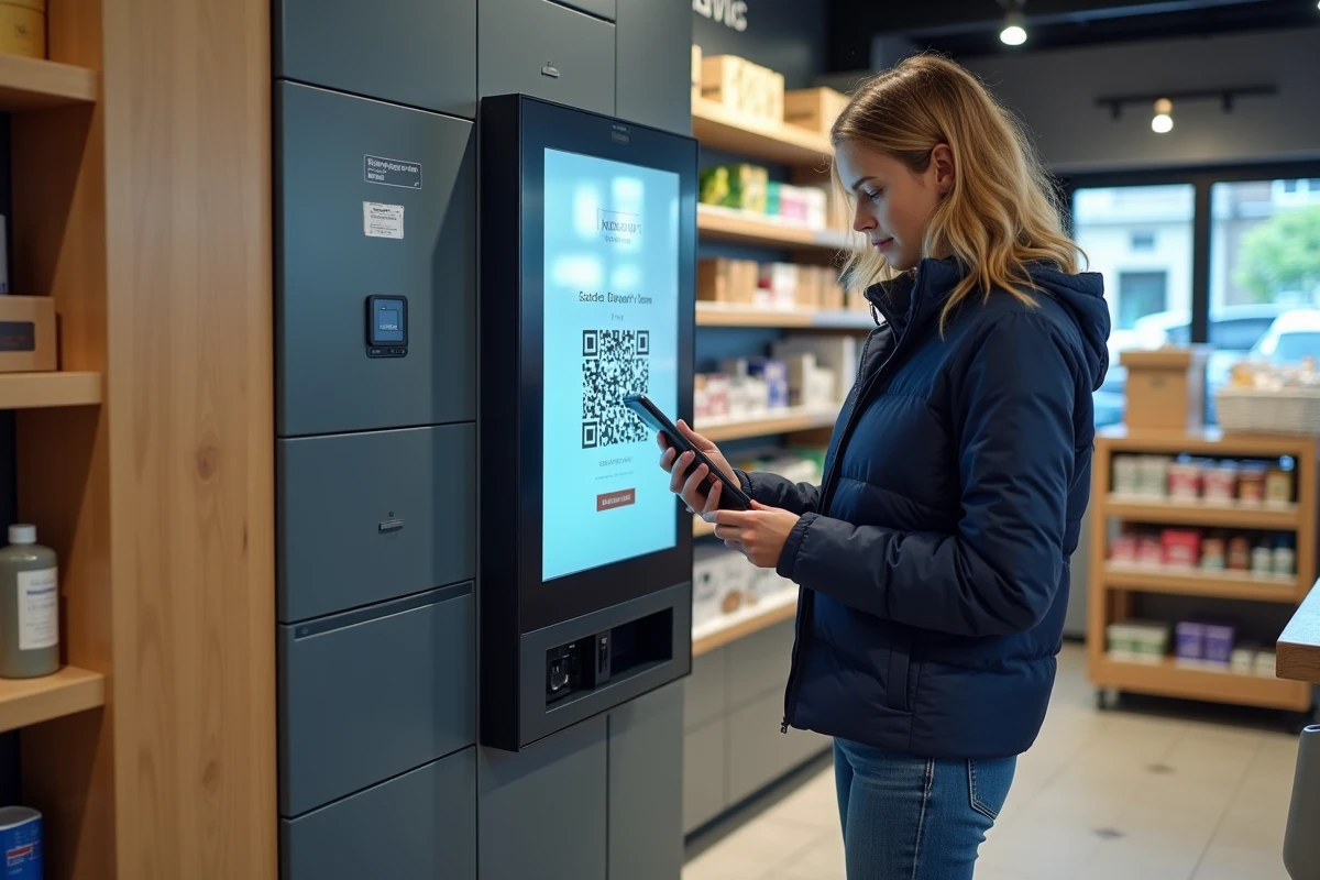 Femme récupérant un colis dans un point relais Coucou Cyber à Bordeaux en scannant un QR code sur un terminal de casiers connectés