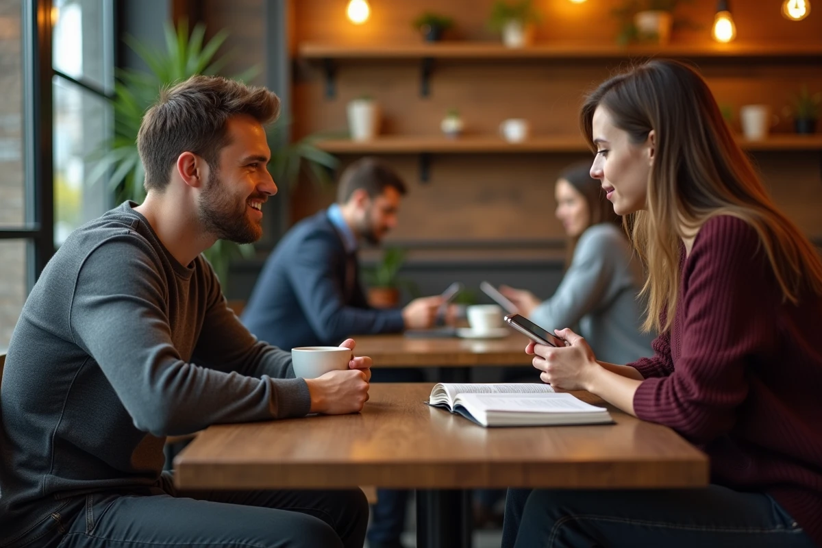 Un homme dans un café jette un regard furtif vers une femme avant de détourner rapidement les yeux, atmosphère naturelle et authentique