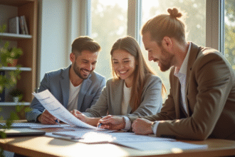Jeune couple rencontrant un conseiller immobilier dans un bureau lumineux