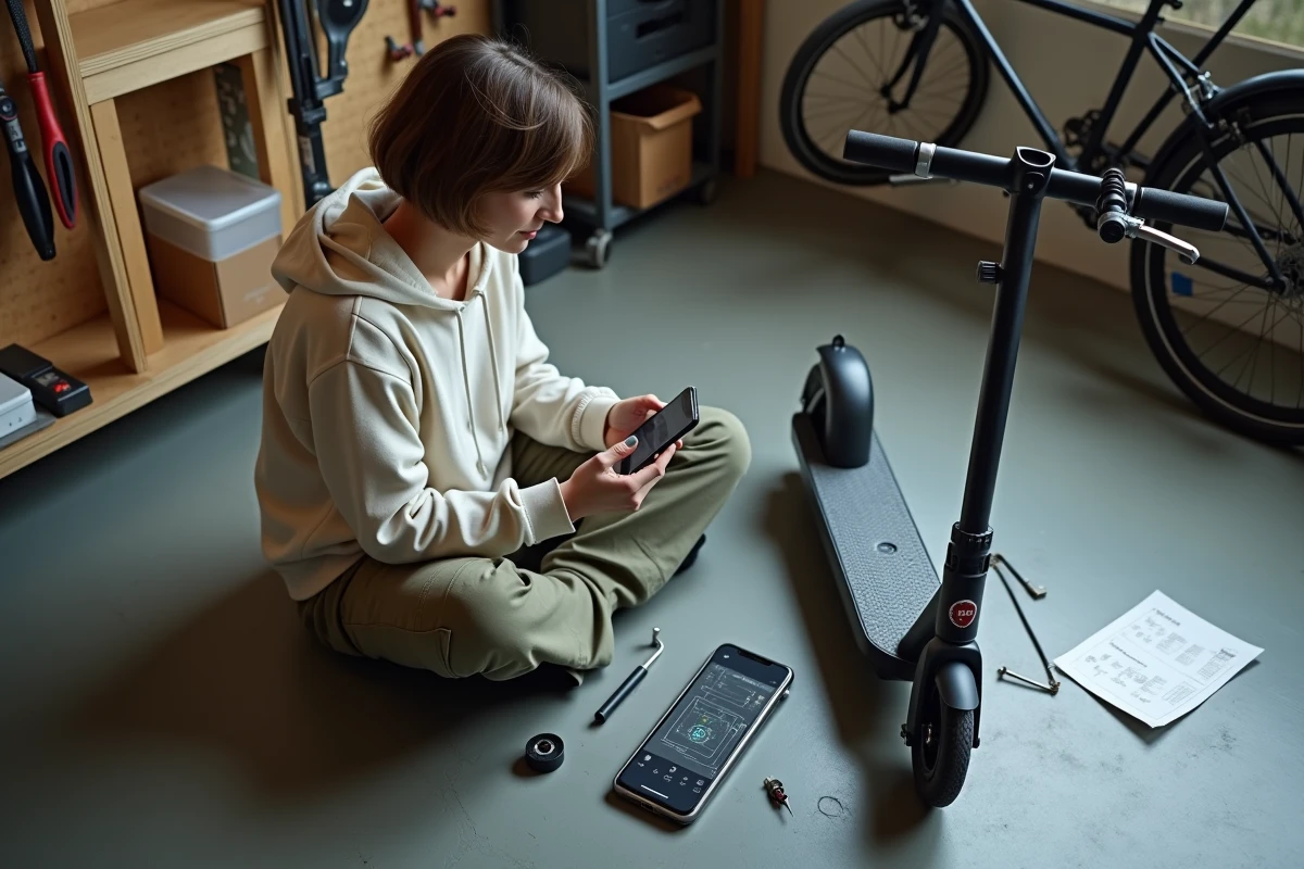 Femme consultant son téléphone pour des informations techniques sur une trottinette électrique démontée dans un garage