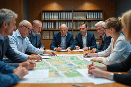 Groupe d'adultes autour d'une carte urbaine en réunion