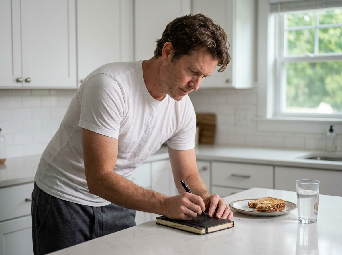 Homme écrivant dans un journal intime le matin dans une cuisine moderne pour un rituel d'éveil mental