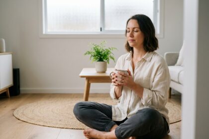 Femme pratiquant un rituel matinal de pleine conscience avec une tasse de thé dans un salon minimaliste