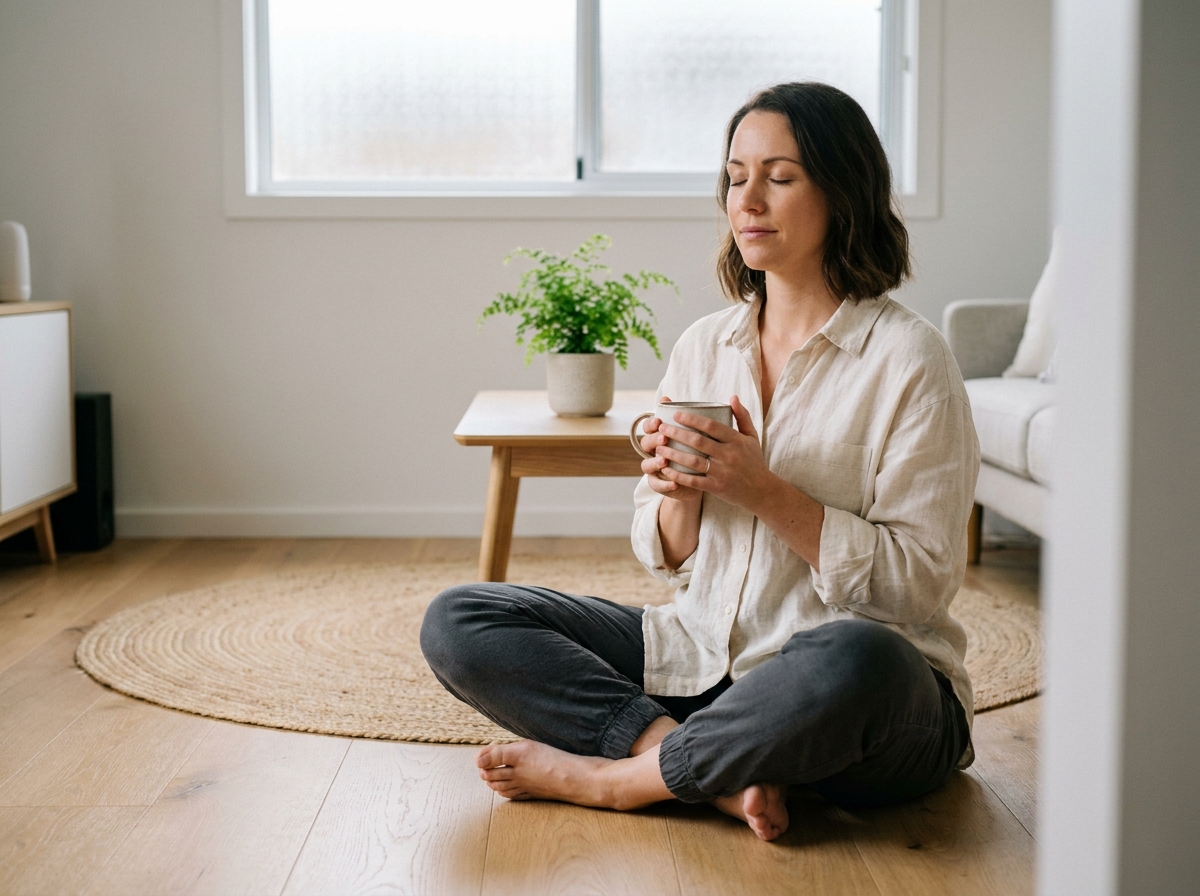 Femme pratiquant un rituel matinal de pleine conscience avec une tasse de thé dans un salon minimaliste