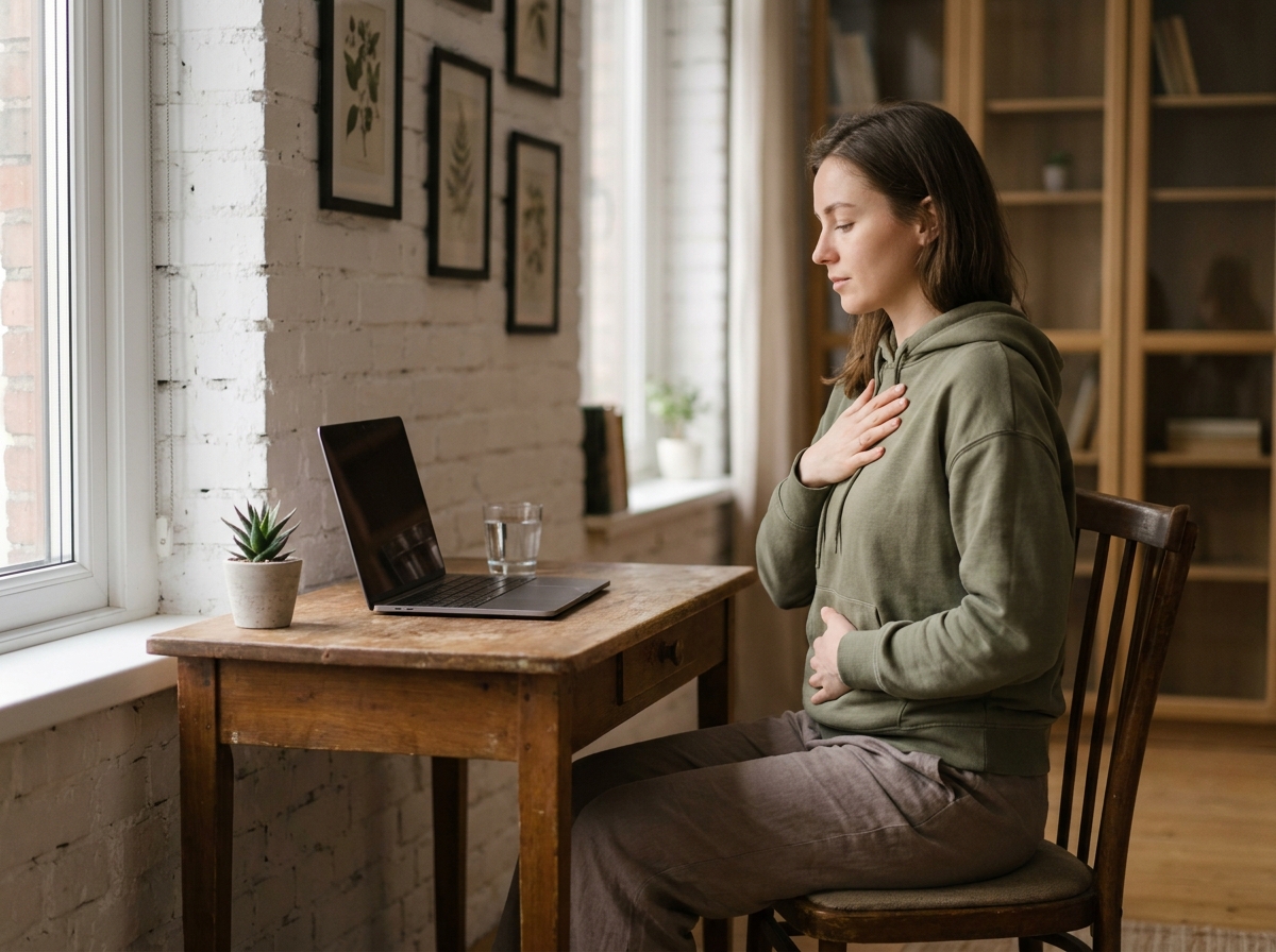 Jeune femme pratiquant un exercice de respiration matinale à son bureau pour éveiller son esprit